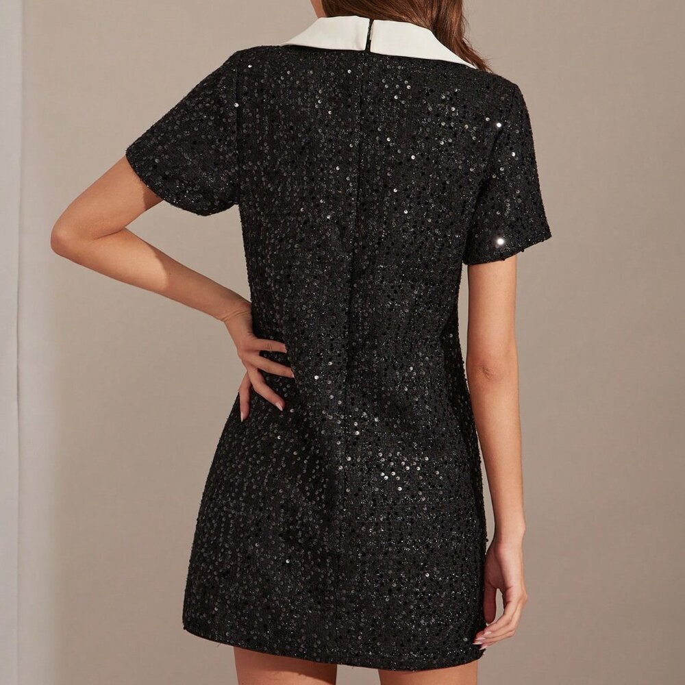 Black Elegant Women's Romantic Lapel Neck Sequin Short Dress - Picture 2 of 7